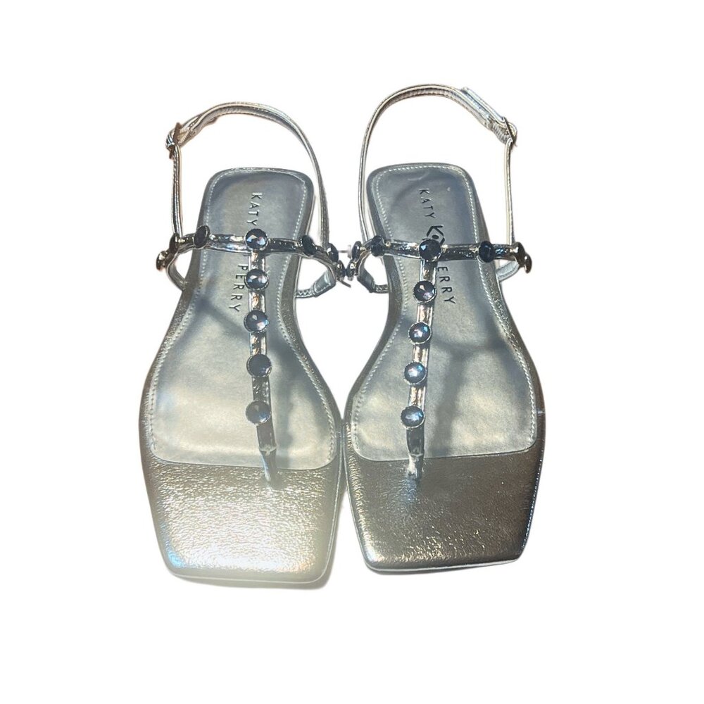 Katy Perry Silver Gemstone Sandals Size 8.5M Square Toe & Adjustable Strap